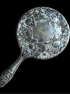 Silver Plated Hand Mirror Vintage Aged Patina Embossed Round Floral Design